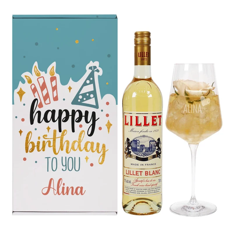 Happy Birthday to you - Lillet Geschenkset zum Geburtstag mit graviertem Weinglas