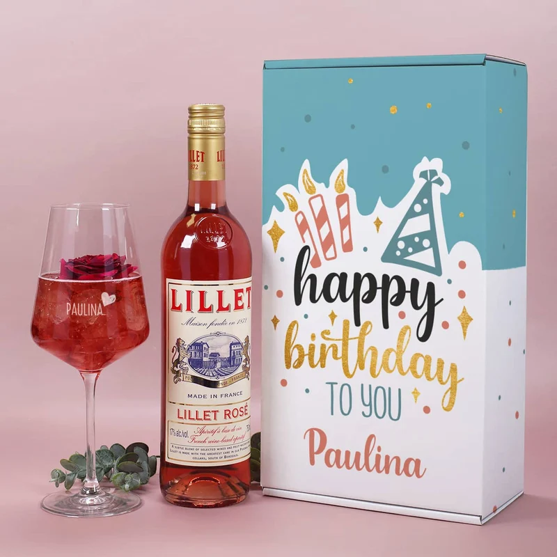 Happy Birthday to you - Lillet Geschenkset zum Geburtstag mit graviertem Weinglas