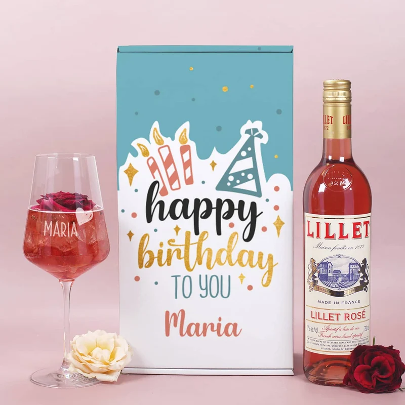 Happy Birthday to you - Lillet Geschenkset zum Geburtstag mit graviertem Weinglas