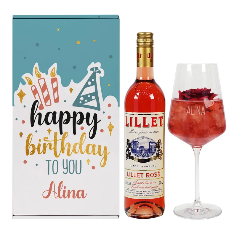 Happy Birthday to you - Lillet Geschenkset zum Geburtstag mit graviertem Weinglas
