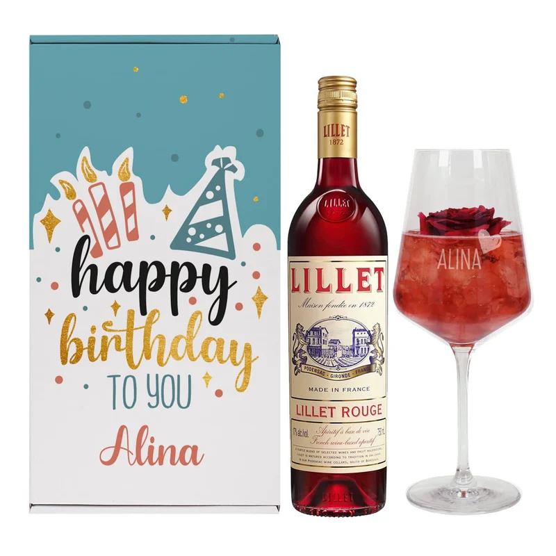 Happy Birthday to you - Lillet Geschenkset zum Geburtstag mit graviertem Weinglas