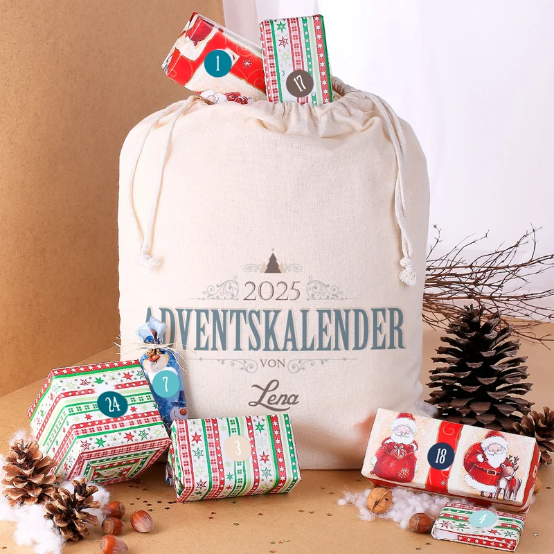 DIY Adventskalender - personalisierter Baumwollsack mit Aufklebern
