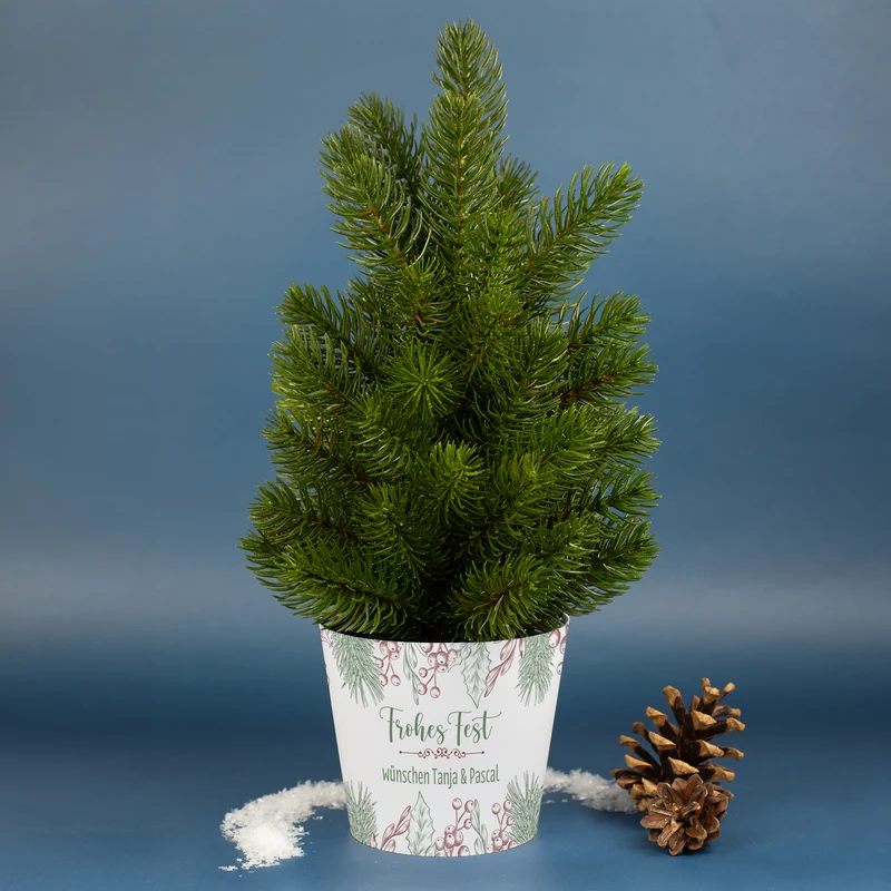 Kleiner Weihnachtsbaum mit personalisierter Banderole und Wunschtext | Weihnachtsdeko 'Frohes Fest'