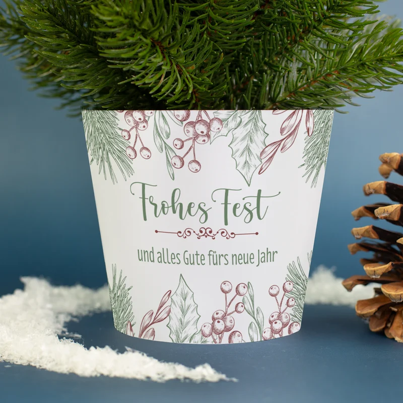 Kleiner Weihnachtsbaum mit personalisierter Banderole und Wunschtext | Weihnachtsdeko 'Frohes Fest'