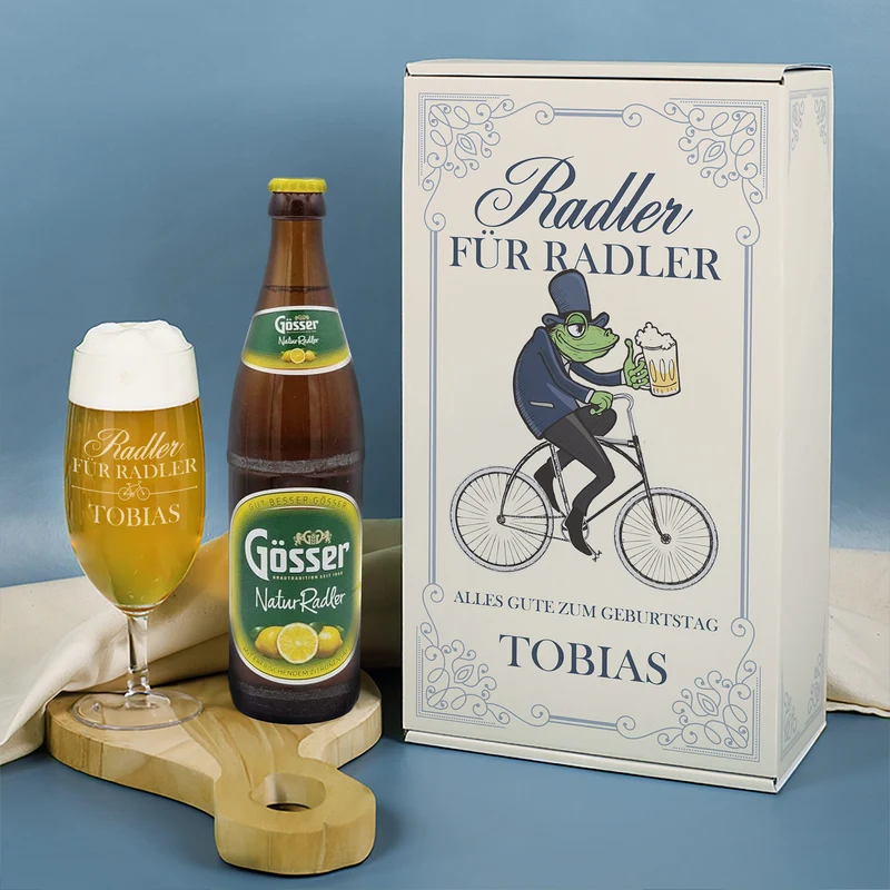 Geschenkset 'Ein Radler' personalisiert mit Name und Text mit Gösser, Bierglas & Geschenkbox