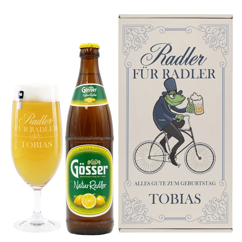 Geschenkset 'Ein Radler' personalisiert mit Name und Text mit Gösser, Bierglas & Geschenkbox