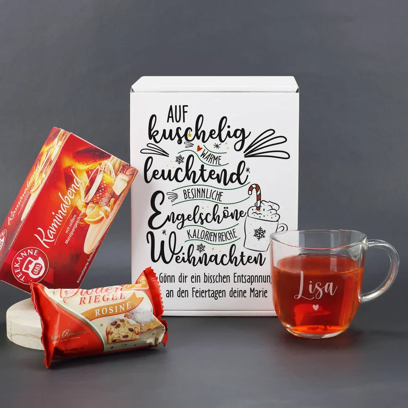Für kuschlig warme Weihnachten - Geschenkset mit gravierten Glas und personalisierter Verpackung