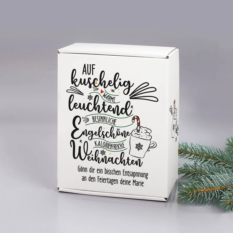 Für kuschlig warme Weihnachten - Geschenkset mit gravierten Glas und personalisierter Verpackung