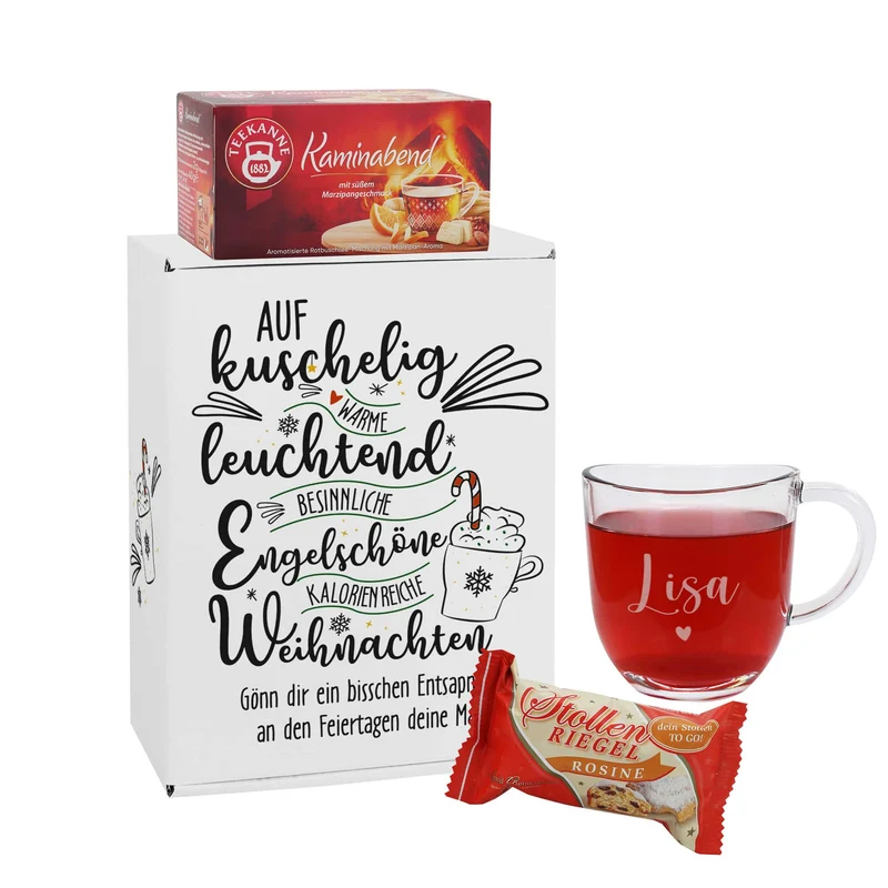 Für kuschlig warme Weihnachten - Geschenkset mit gravierten Glas und personalisierter Verpackung