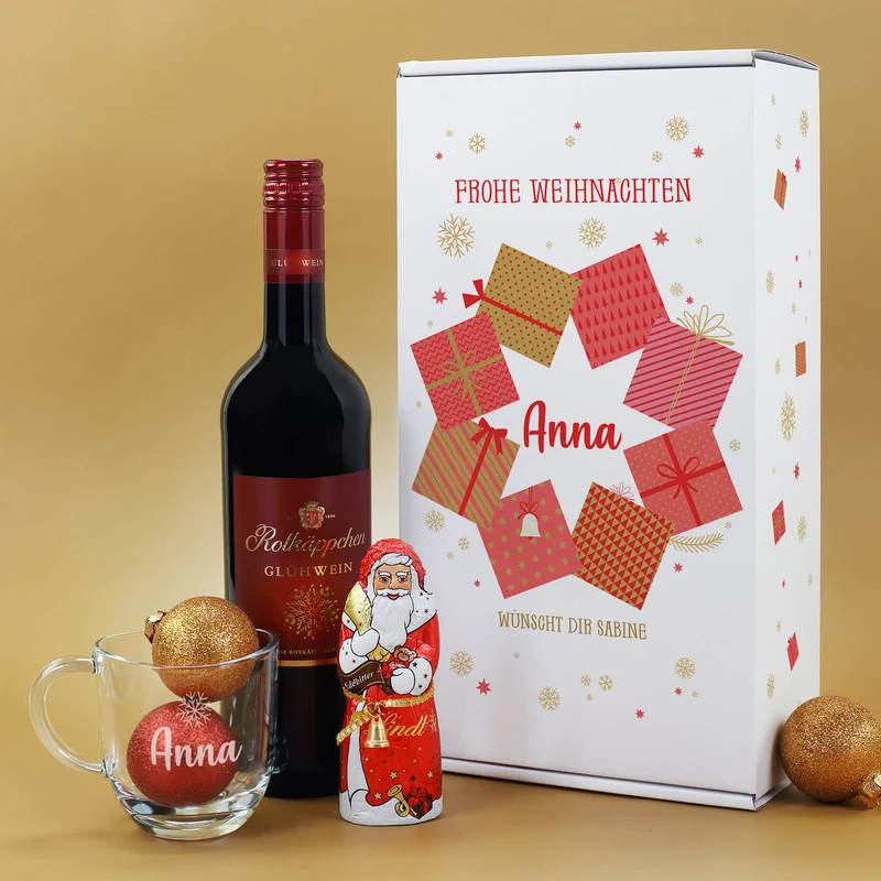 Glühweinset mit graviertem Glas und Lindt Schokoweihnachtsmann in persönlicher Box