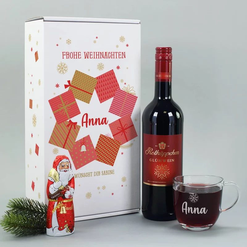 Glühweinset mit graviertem Glas und Lindt Schokoweihnachtsmann in persönlicher Box