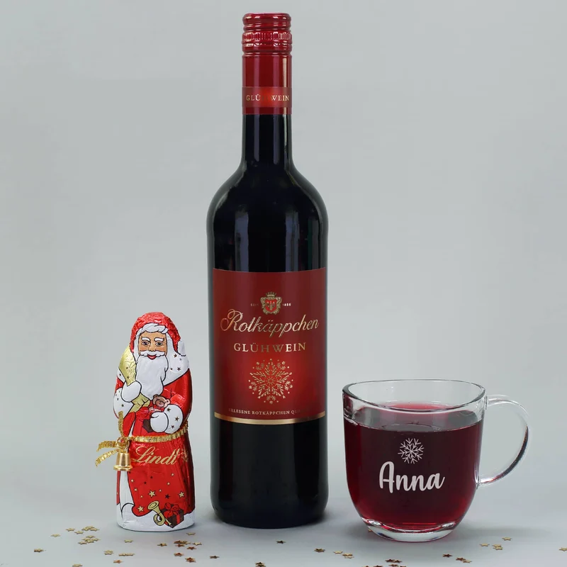 Glühweinset mit graviertem Glas und Lindt Schokoweihnachtsmann in persönlicher Box