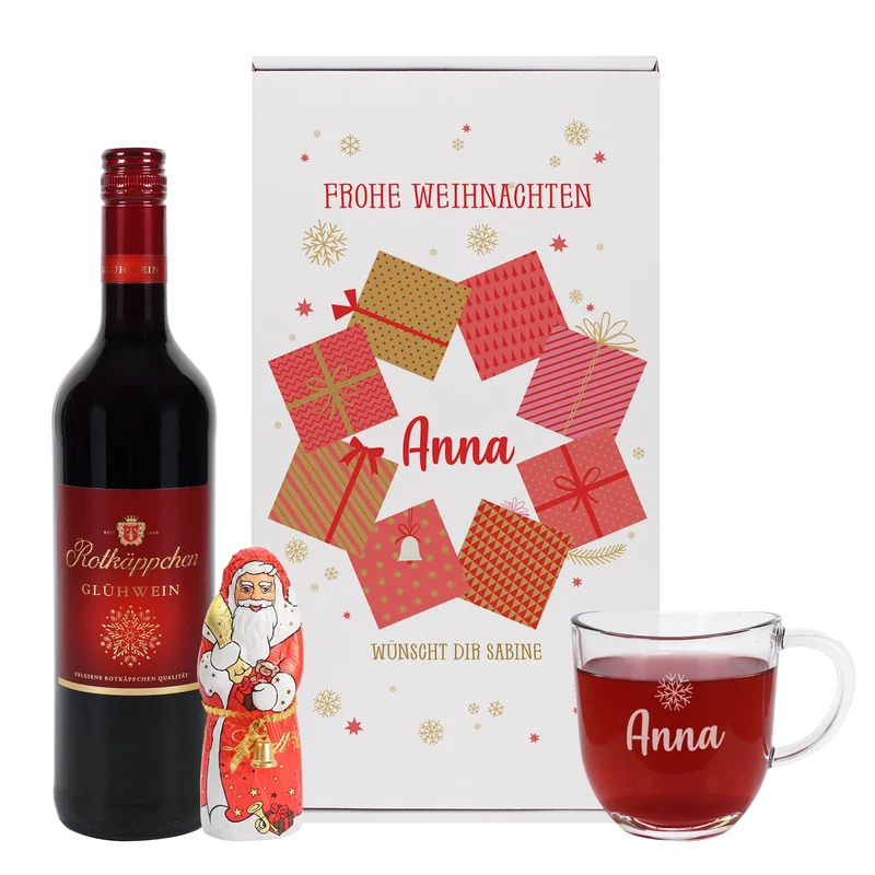 Glühweinset mit graviertem Glas und Lindt Schokoweihnachtsmann in persönlicher Box