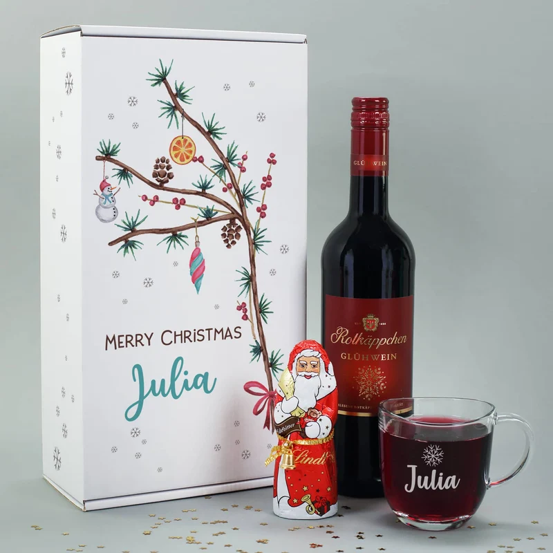Glühweinset - Winterzweig - mit Glas und Lindt Schokoweihnachtsmann