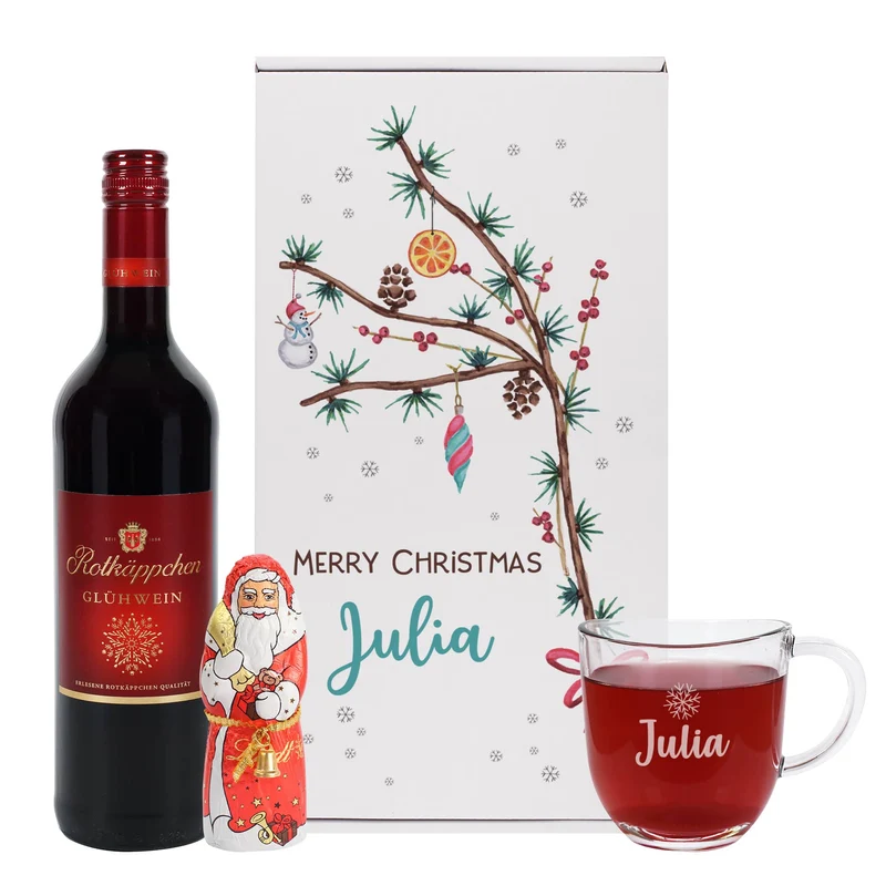 Glühweinset - Winterzweig - mit Glas und Lindt Schokoweihnachtsmann