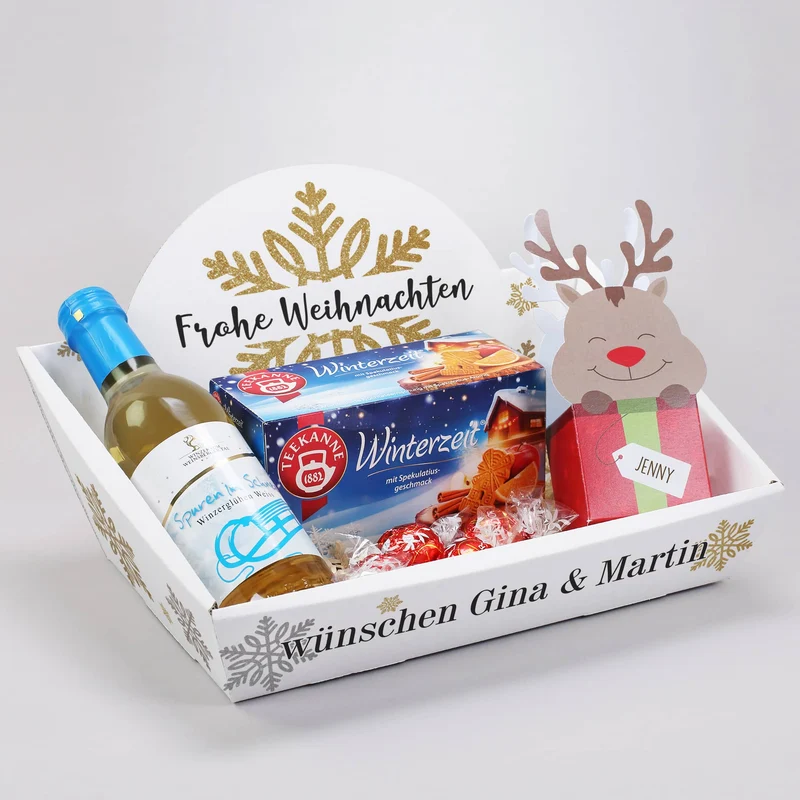 Glühweinset mit Tee und Lindor Kugeln in einem persönlichen Geschenkkorb