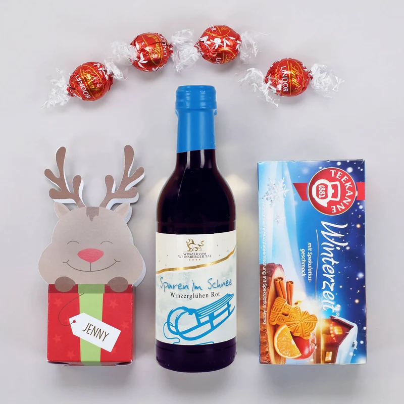Glühweinset mit Tee und Lindor Kugeln in einem persönlichen Geschenkkorb