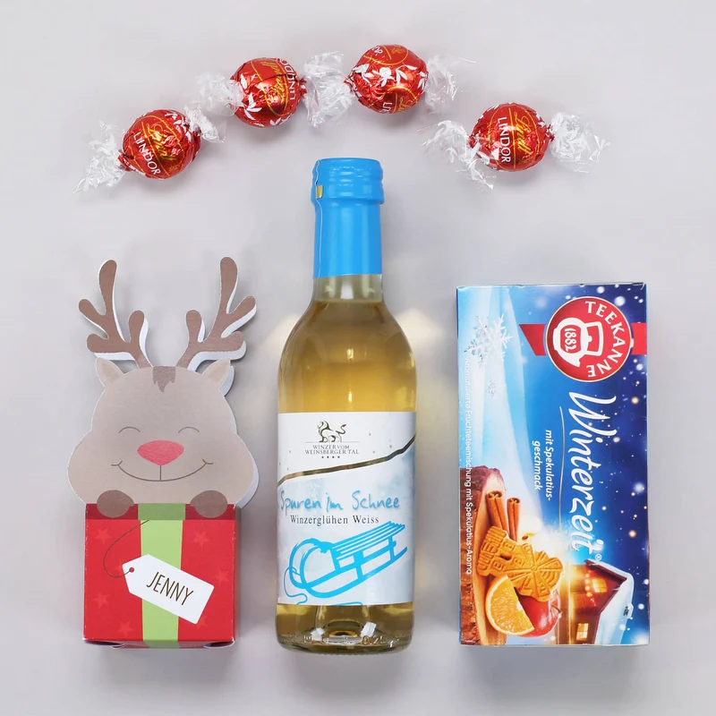 Glühweinset mit Tee und Lindor Kugeln in einem persönlichen Geschenkkorb