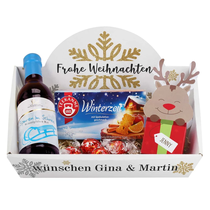 Glühweinset mit Tee und Lindor Kugeln in einem persönlichen Geschenkkorb