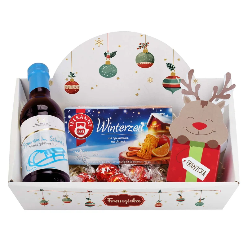 Geschenkkorb mit Lindorkugeln, Tee und Glühwein zu Weihnachten