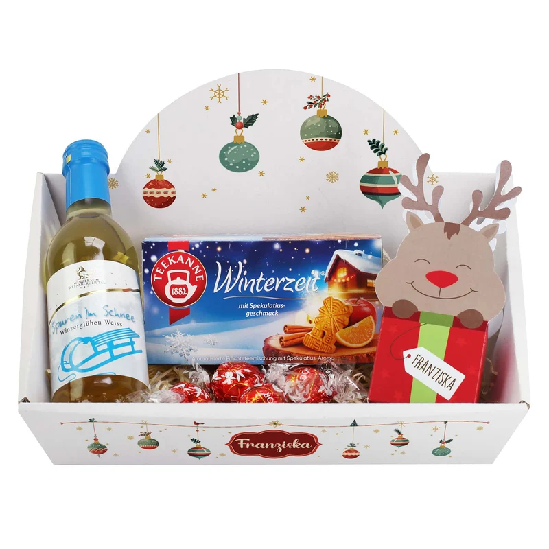 Geschenkkorb mit Lindorkugeln, Tee und Glühwein zu Weihnachten
