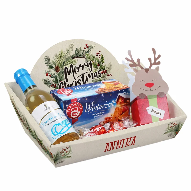 Weihnachtlicher Geschenkkorb mit Rentier-Verpackung, Tee und Glühwein