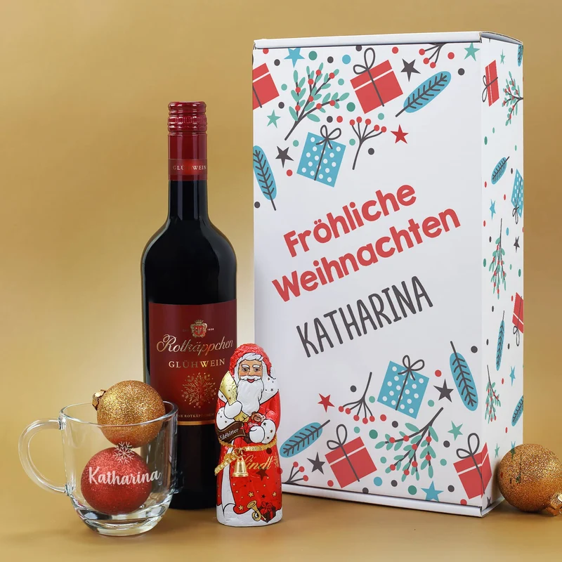 Glühweinset - Fröhliche Weihnachten - mit Lindt Schokofigur und graviertem Glas