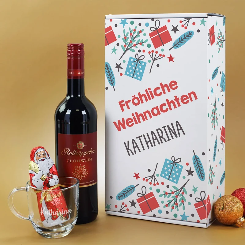 Glühweinset - Fröhliche Weihnachten - mit Lindt Schokofigur und graviertem Glas