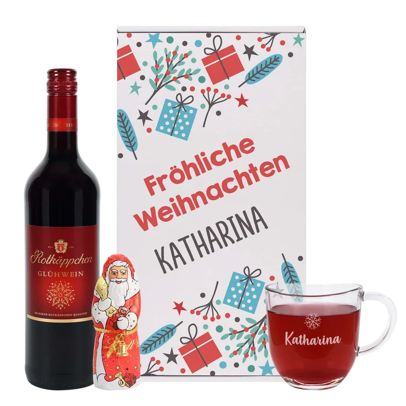 Glühweinset - Fröhliche Weihnachten - mit Lindt Schokofigur und graviertem Glas
