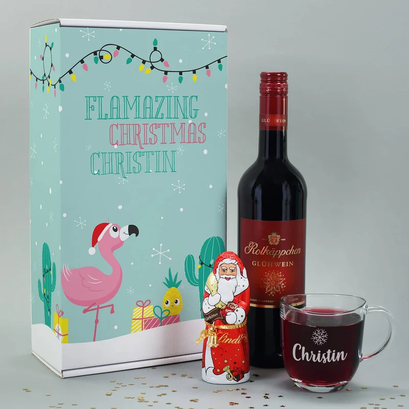 Glühweinset - Flamazing Christmas - mit Lindt Schokofigur und graviertem Glas