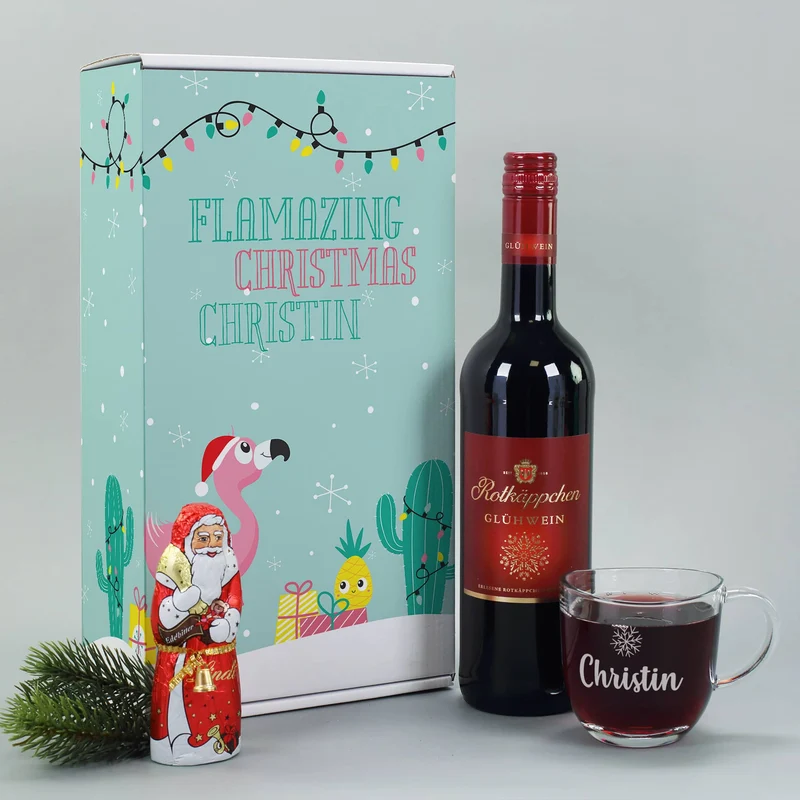 Glühweinset - Flamazing Christmas - mit Lindt Schokofigur und graviertem Glas