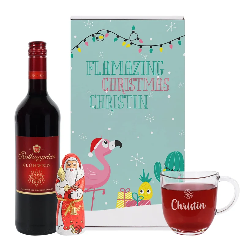 Glühweinset - Flamazing Christmas - mit Lindt Schokofigur und graviertem Glas