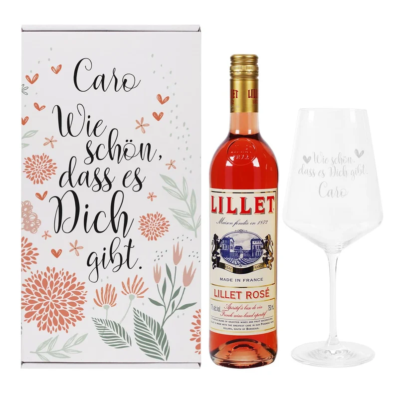 Wie schön, dass es Dich gibt - Lillet Geschenkset mit graviertem Glas und Präsentbox