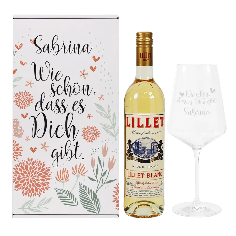 Wie schön, dass es Dich gibt - Lillet Geschenkset mit graviertem Glas und Präsentbox