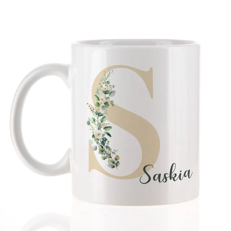 Tasse mit Name & Monogramm in Tassentasche mit Eukalyptus-Motiv