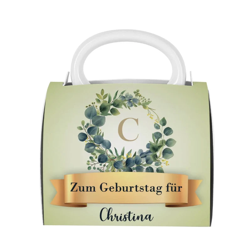Tasse mit Name & Monogramm in Tassentasche mit Eukalyptus-Motiv
