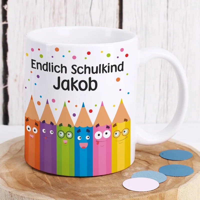 Endlich Schulkind Tasse mit Name in persönlicher Tassentasche
