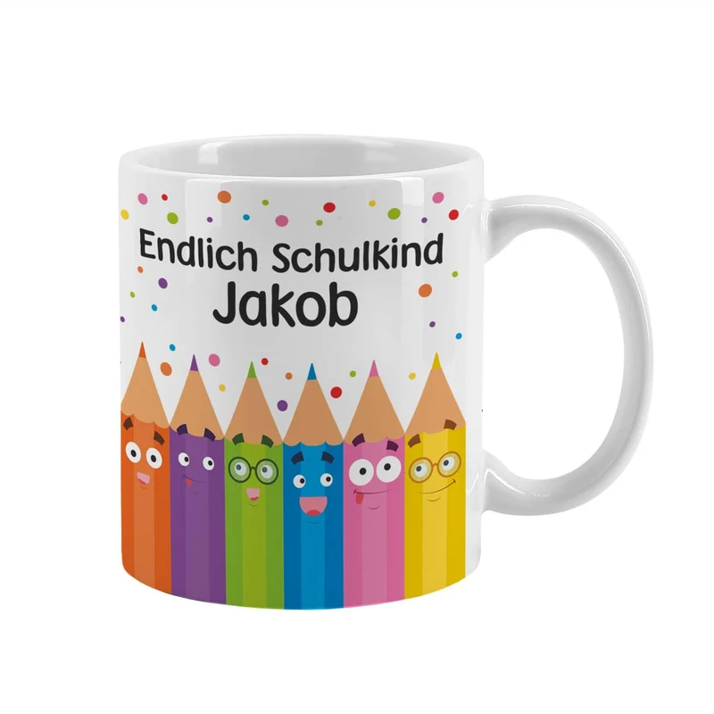 Endlich Schulkind Tasse mit Name in persönlicher Tassentasche