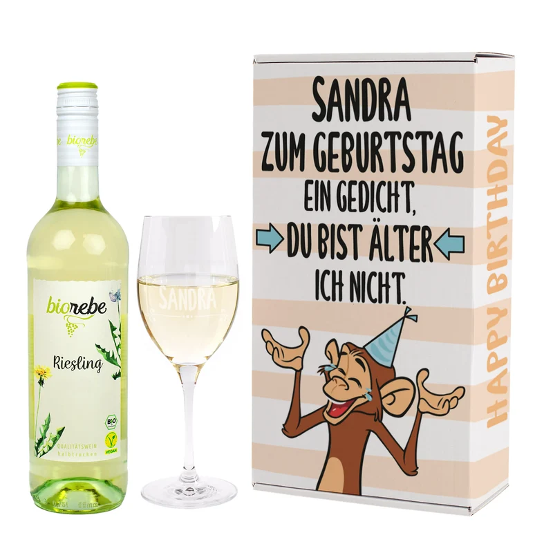 Lustiges Geschenkset zum Geburtstag mit Weinglas und Wein | Biorebe Genuss