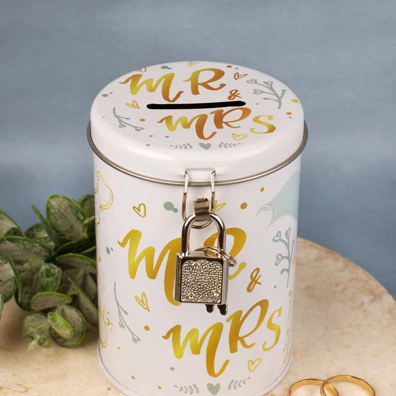 Spardose aus Metall zur Hochzeit - Mr. & Mrs. mit Hochzeitsmotiven, Schloss und Schlüssel