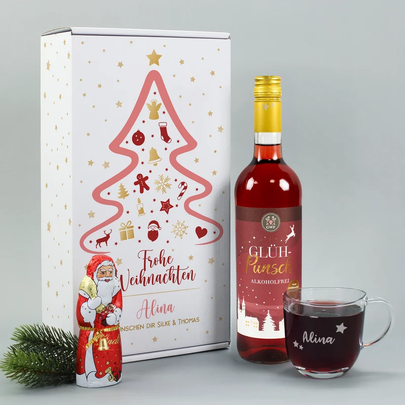 Frohe Weihnachten - Glühpunsch Set mit Glas und Schokoweihnachtsmann