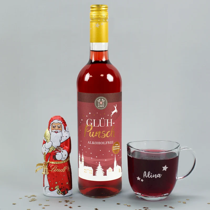 Frohe Weihnachten - Glühpunsch Set mit Glas und Schokoweihnachtsmann