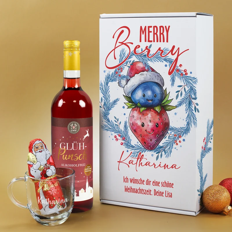 Merry Berry - alkoholfreier Glühpunsch im Set mit Trinkglas, Schokonikolaus und Geschenkbox