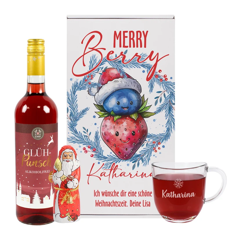 Merry Berry - alkoholfreier Glühpunsch im Set mit Trinkglas, Schokonikolaus und Geschenkbox