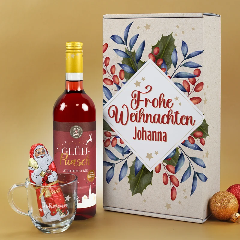 Alkoholfreies Glühpunsch Geschenkset mit graviertem Glas und Schokonikolaus