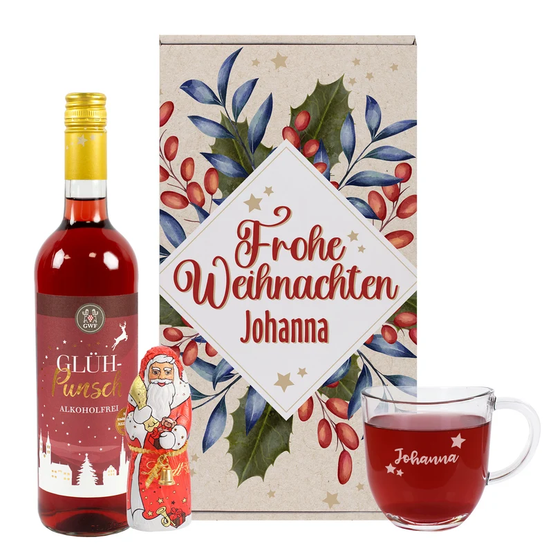 Alkoholfreies Glühpunsch Geschenkset mit graviertem Glas und Schokonikolaus