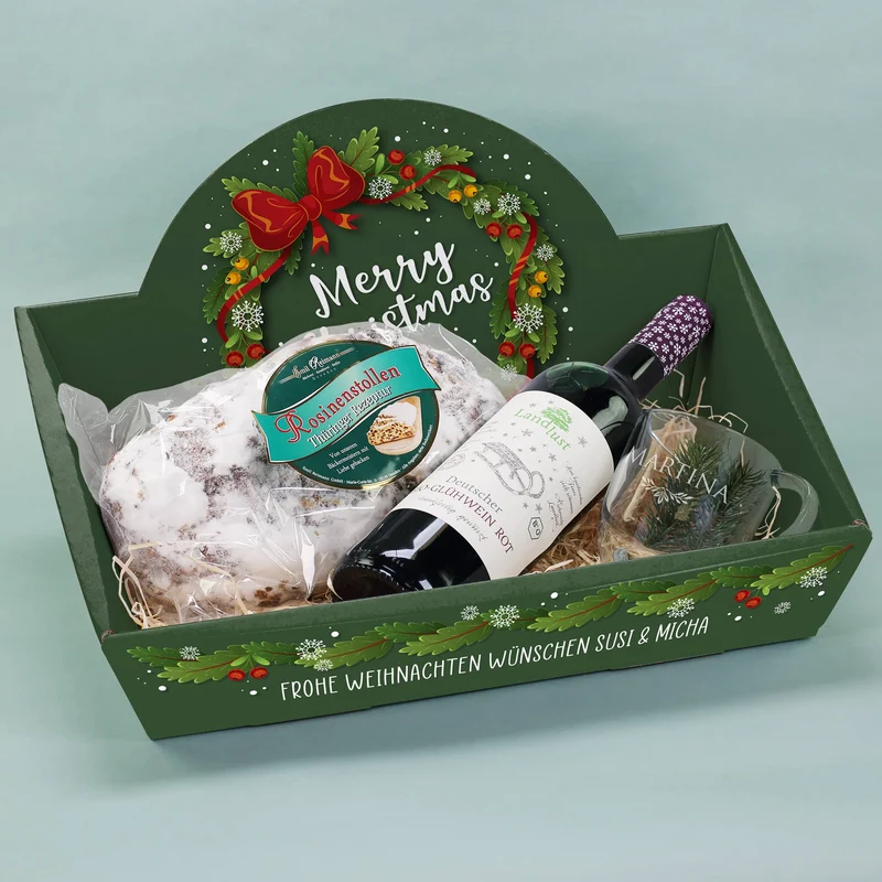 Geschenkkorb "Merry Christmas" mit Glühwein, Stollen und graviertem Glas