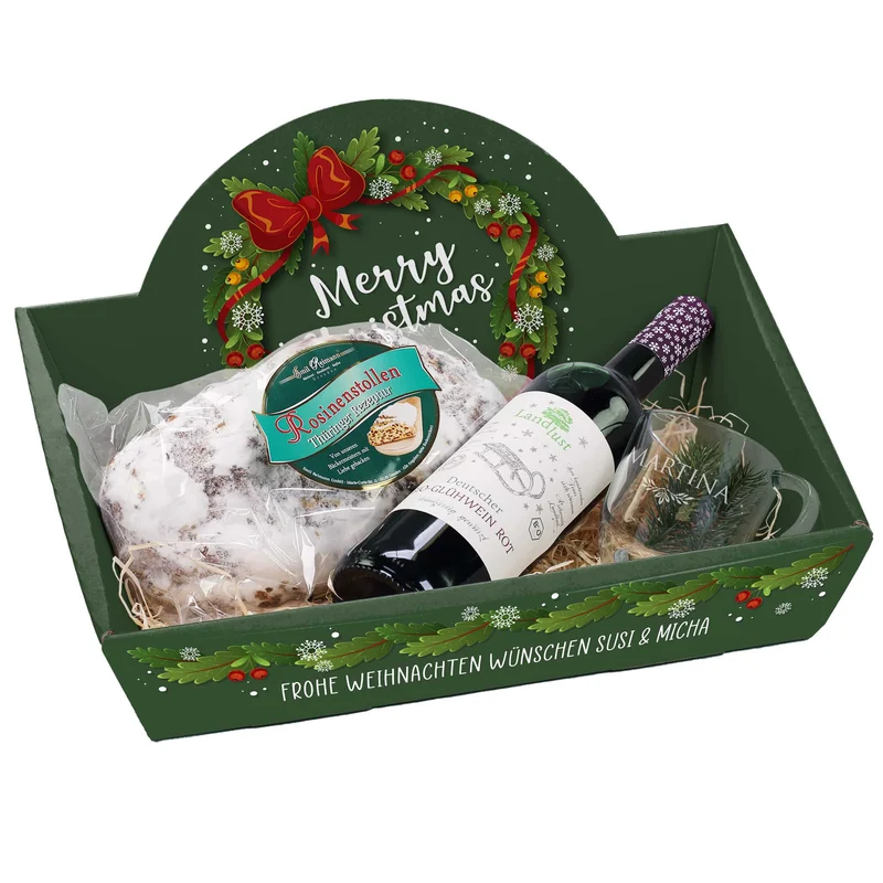 Geschenkkorb "Merry Christmas" mit Glühwein, Stollen und graviertem Glas