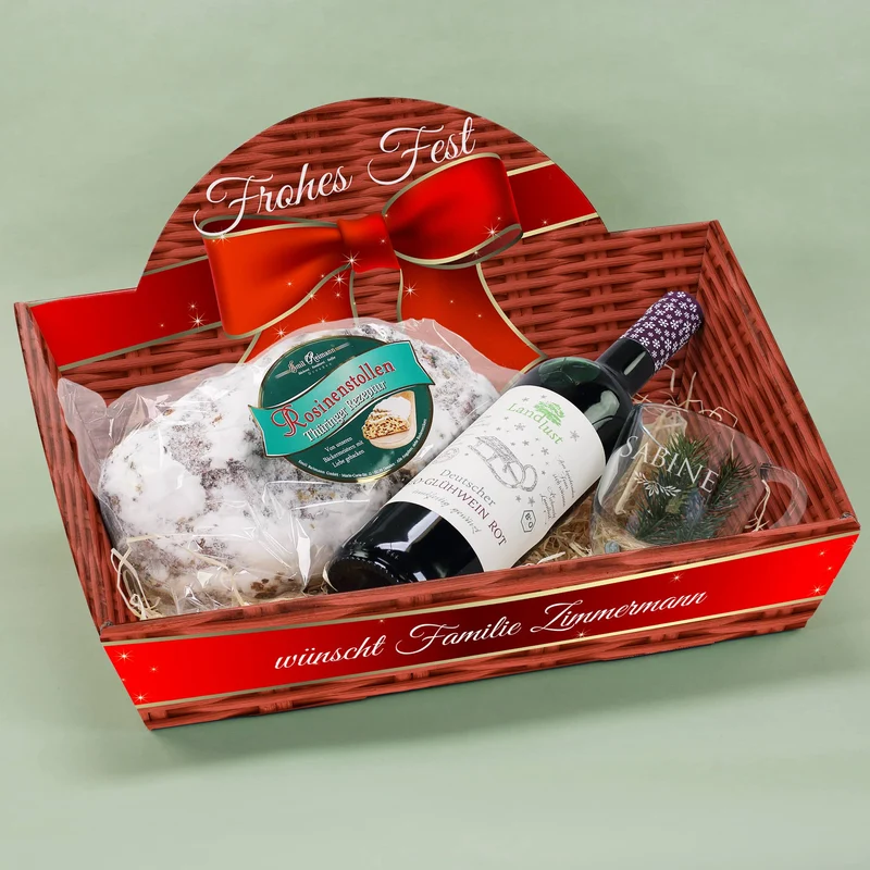 Geschenkkorb - Schleife - mit Glühwein, Stollen und graviertem Glas