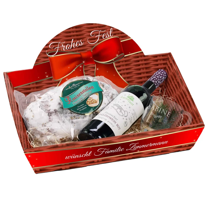 Geschenkkorb - Schleife - mit Glühwein, Stollen und graviertem Glas